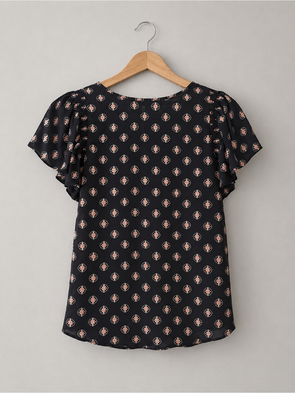 LOFT Blouse Women Small Black Pink Geometric Print Flutter Sleeve Sheer